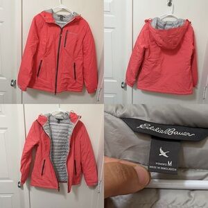 •EDDIE BAUER• 700 Down Quilted Zip Up Jacket Coral Salmon Pockets Hooded